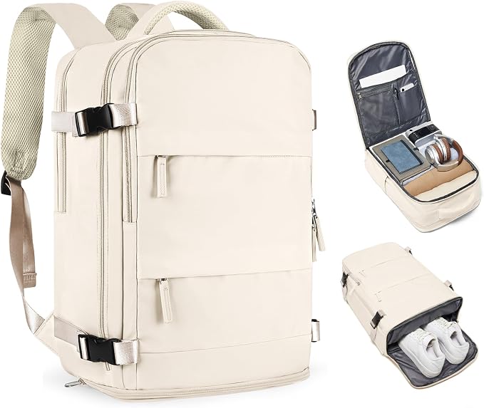 coofay Beige Travel Backpack For Women Men Airline Approved Personal Item Carry On Flight Approved Waterproof Backpack For Traveling On Airplane Weekender Travel Bag by coofay
