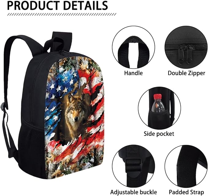 Camo Forest American Flag Wolf Print Schoolbag Set for Boys, 4th of July Backpack Set with Lunch Box and Pen Case, Casual Daypack Suitable for School, Picnic or Travel - Image 4