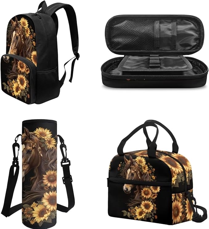 POLERO Sunflower Horse Backpacks for Girls Bookbag with Lunch Box Pencil Case Water Bottle Holder Teens Secondary School Bag Set - Image 3