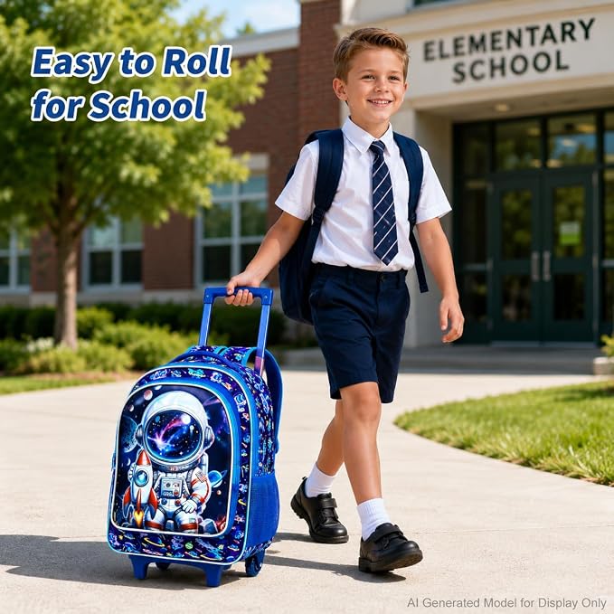 AGSDON 3PCS Rolling Backpack for Girls Boys, Kids Roller Wheels Bookbag, Wheeled School Bag with Lunch Bag - Image 2