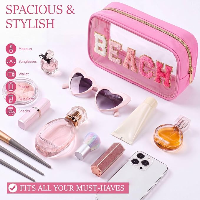 Kacctyen 10 Pcs Beach Clear Makeup Bags with Zipper in 5 Assorted Colors, Chenille Letter Sunscreen Bags Bulk, Waterproof Clear Toiletry Bag for Women Beach Pool Trip & Summer Birthday Party Favors - Image 3