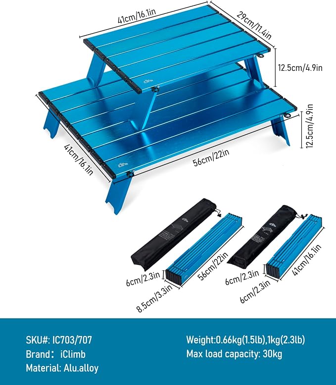 iClimb Ultralight Compact Mini Beach Picnic Folding Alu. Table with Carry Bag, Two Size (Blue - S) - Image 3