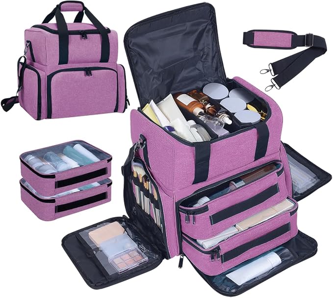 Large Makeup Bag with 2 Removable Case Cosmetic,Purple | Large Makeup Bag with 2 Removable Case Multifunctional Cosmetic Bag Double Layer Travel Toiletry Organizer by Unknown