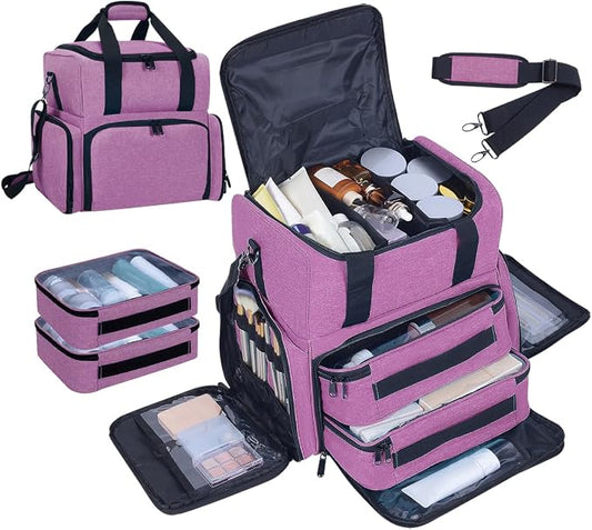 Large Makeup Bag with 2 Removable Case Cosmetic,Purple | Large Makeup Bag with 2 Removable Case Multifunctional Cosmetic Bag Double Layer Travel Toiletry Organizer by Unknown