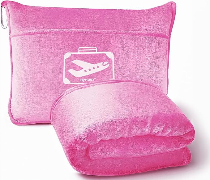 FlyHugz Pink Travel Blanket & Pillow Set (59.1"x47.2") with Carry Case, Luggage Sleeve & Clip – Portable, Lightweight, Breathable & Washable – Perfect for Plane, Car, Camping & Travel by FlyHugz%C2%AE