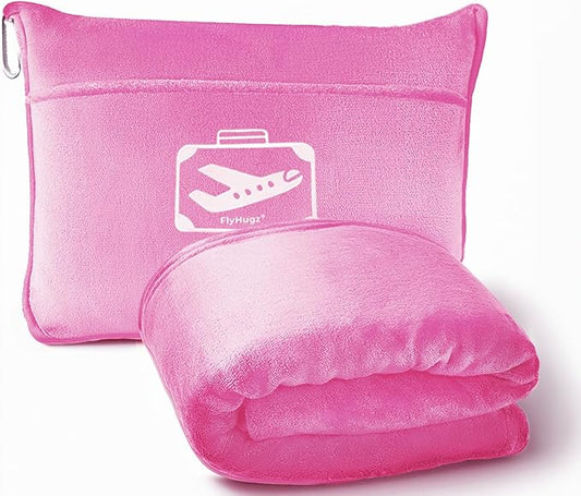 FlyHugz Pink Travel Blanket & Pillow Set (59.1"x47.2") with Carry Case, Luggage Sleeve & Clip – Portable, Lightweight, Breathable & Washable – Perfect for Plane, Car, Camping & Travel by FlyHugz%C2%AE