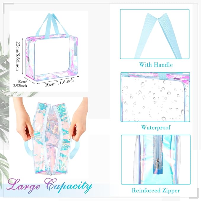 Sweetude 6 Pcs Large Clear Toiletry Bag with Handle Large Capacity Travel Iridescent Beach Makeup Bag PVC Clear Plastic Tote Punch Cosmetic Clothes Storage Organizer for Women Men (Blue) - Image 3
