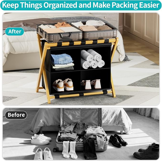 Folding Luggage Rack, 2-Pack Natural Bamboo Suitcase Stands with 4 Storage Compartments , Sturdy Luggage Holders for Guest Room, Bedroom, Hotel - Image 8