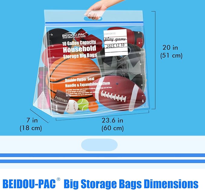 BEIDOU-PAC 10 Gallon Large Storage Bags with Handle, 50 Counts | Double Zipper Seal | Expandable Bottom, Resealable Clear zip Bags for Home, Travel, Moving Commercial and Outdoor - Image 2