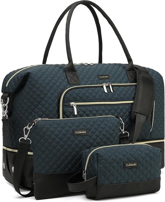 Weekender Bags for Women Travel, Under Seat Carry On Bags for Airplanes Overnight Bag with Shoe Compartment Luggage Sleeve, Foldie Travel Tote Bag Hospital Bag, Travel Gifts, PeacockBlue Black by Unknown