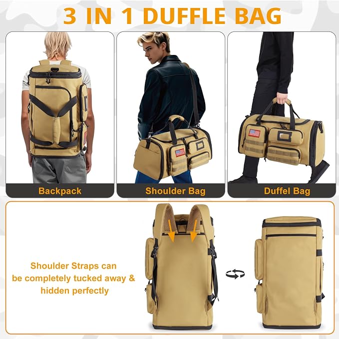 Expandable Gym Bag For Men,Tactical Large 3 in 1 Sports Duffle Bag With Shoes Compartment,Water Resistant Sports Gym Tote Bags Multi-functional Weekend Travel Backpack Overnight Bag - Image 6