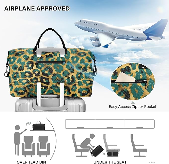 Weekender Bags Travel Duffel Gym Bag Leopard Green Skin Animal Carry on Overnight Tote Bag with Toiletry Bag for Airplane Travel Trip Gym Yoga - Image 5