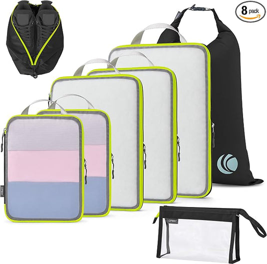 Cipway Compression Packing Cubes Mesh, Lightweight Luggage Organizer Bags with Laundry Bag, Toiletries Bag and Shoe Bag, Travel Essentials for Carry on Suitcase（8 Pcs,Black） by Cipway