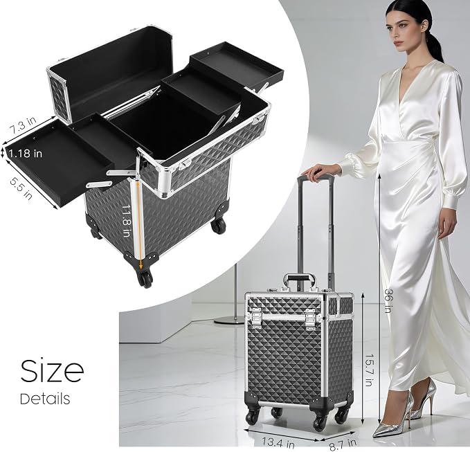 Rolling Makeup Train Case Large Cosmetic Trolley Organized Aluminum Barber Case for Hairstylist Makeup Nail Tech Salon with Keys Swivel Wheels Traveling Cart Trunk - Black - Image 6
