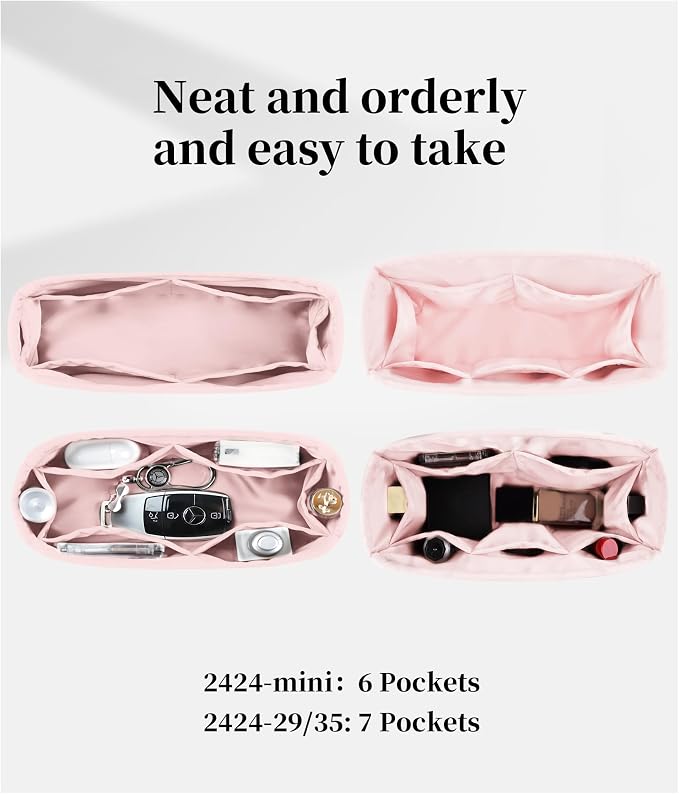 Women's Purse Organizer Insert - Satin & Lightweight Fabric with Inside Pockets, Portable for Commute, Travel, Shopping, and Evening, Multicolor Options, Fits for Kelly 24-24(Pink, 2424mini) - Image 2