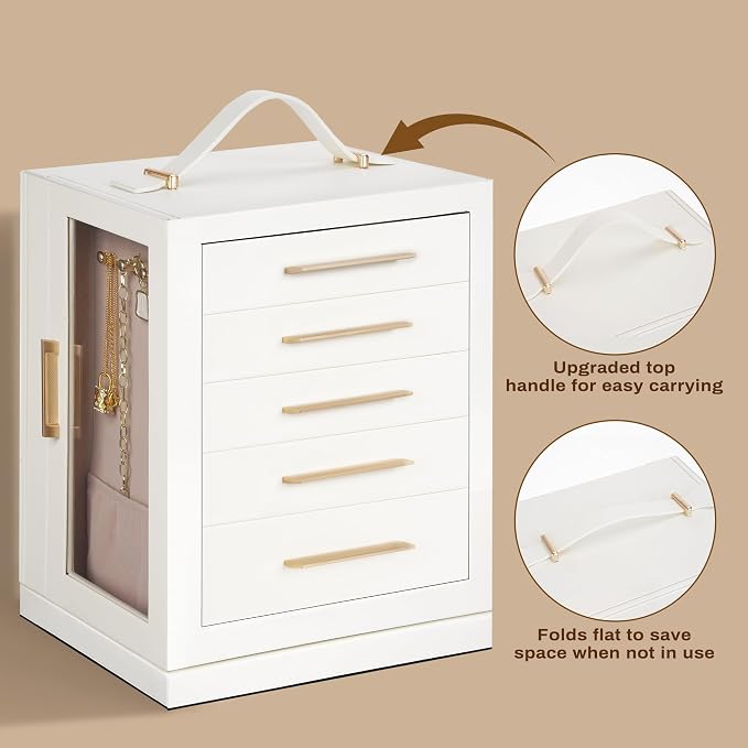 360° Rotating 5‑Drawers Jewelry Box with Top Handle & Glass Window, Spacious Vertical Jewelry Organizer, Jewelry Storage Case, Dustproof & Moisture‑resistant Design. (White) - Image 2