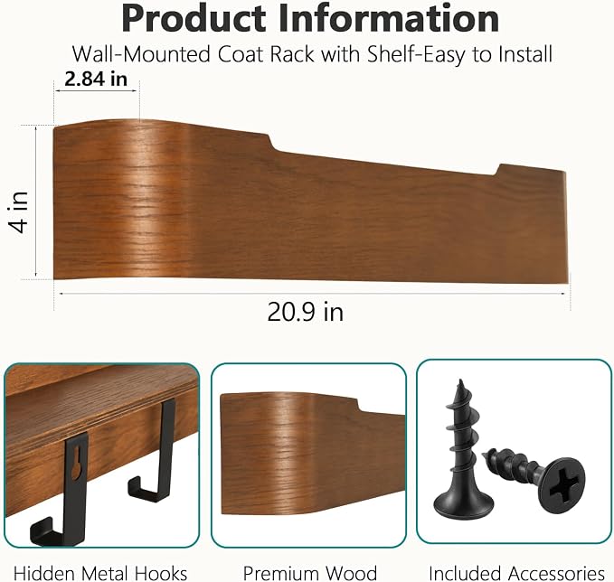 Coat Rack Wall Mount with Hidden Hooks Modern Key Holder Wood Entryway Hook with Shelf for Bedroom Kitchen Hallway Bathroom Designed for Hanging Coats Hats Bags Towel Dog Leashe(Walnut,5 Hooks) - Image 3