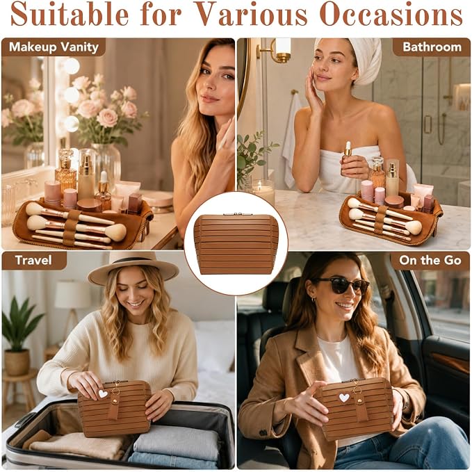Large Capacity Travel Cosmetic Bag, Foldable Standing Makeup Organizer, Waterproof PVC Makeup Bag with Adjustable Dividers, 27 Pockets and 3 Makeup Brush Slots for Travel Home. (Brown) - Image 7