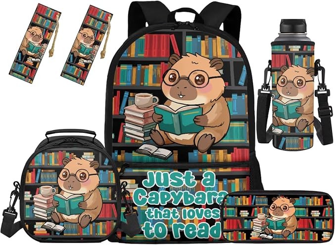 Capybara Backpack for School Kids Backpack and Lunch Box Sets Book Bag with Lunch Bag Pencil Case Water Bottle Sleeve Bookmark 5Pcs Kids Bookbag for Preschool Satchel by Unknown