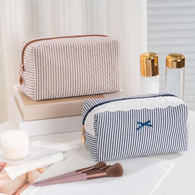 3PCS Makeup Bag Travel Toiletry Bag for Women, Small Cosmetic Bags Cute Brown Stripe Aesthetic Organizer Makeup Pouch for Purse Emergency Bag Pencil Case Accessory Bag - Image 5