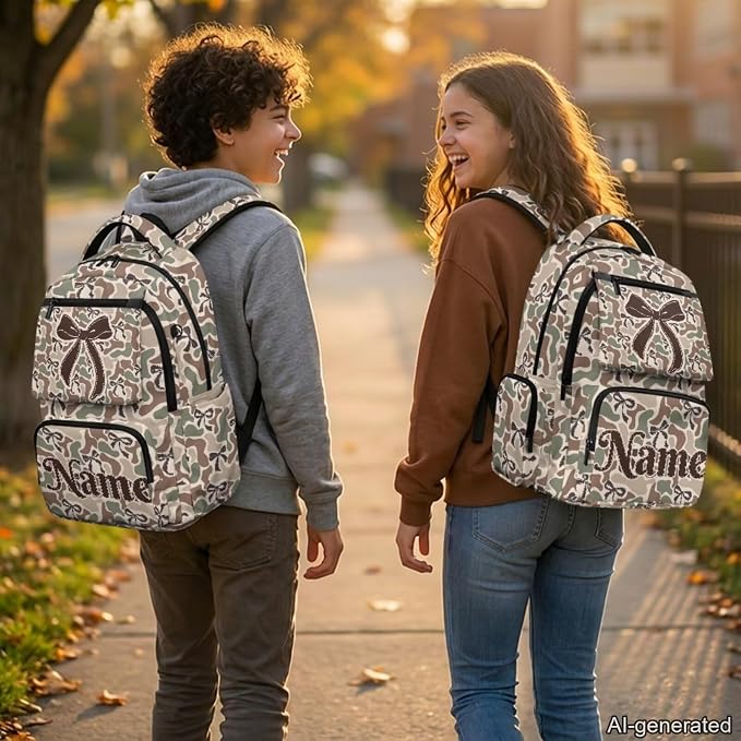 Bow Camo Custom 17 Inch Kids School Backpack Set 4Pcs, Lunch Bag | Water Bottle Holder, Lightweight 600D Fabric, Multi Pockets, for Elementary Middle High School Daily Use - Image 2