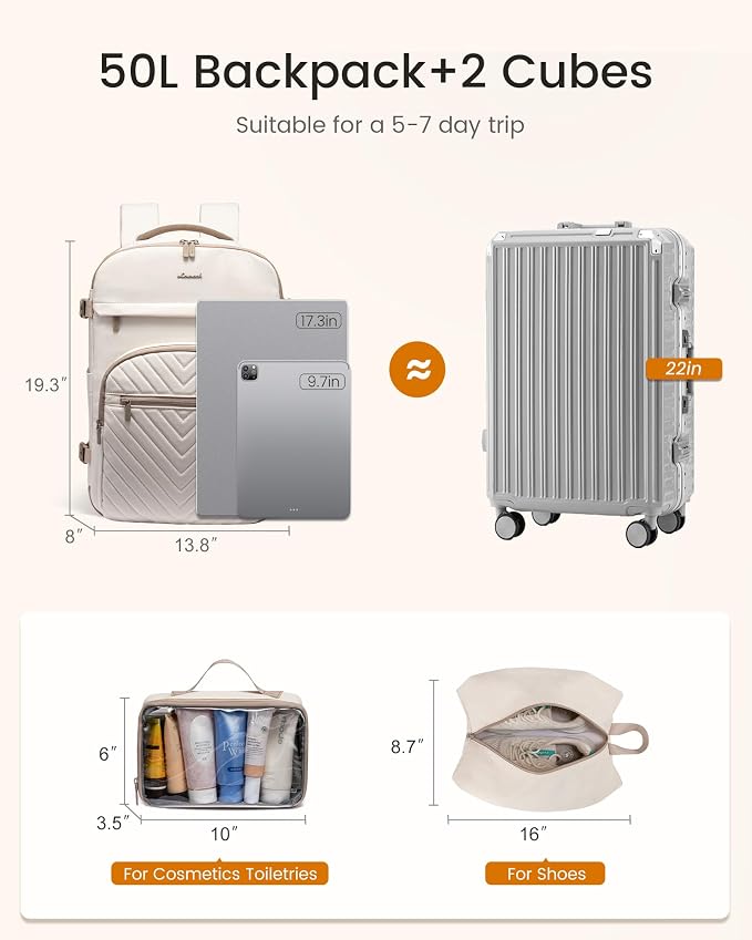 LOVEVOOK 50L Travel Backpack for Women Men, TSA Personal Item Travel Bag Fits 17.3inch Laptop, Waterproof Airline Approved Carry On Luggage With 2 Cubes for Weekender Hiking Business, Beige - Image 4
