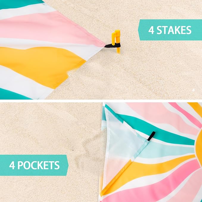 Beach Blanket Waterproof Sandproof, Large Picnic Blankets with Stakes and Storage Bag, Lightweight Quick Drying, Compact Beach Mat Vacation Essentials for Outdoors, Camping, Trips-Spring Sunshine - Image 6