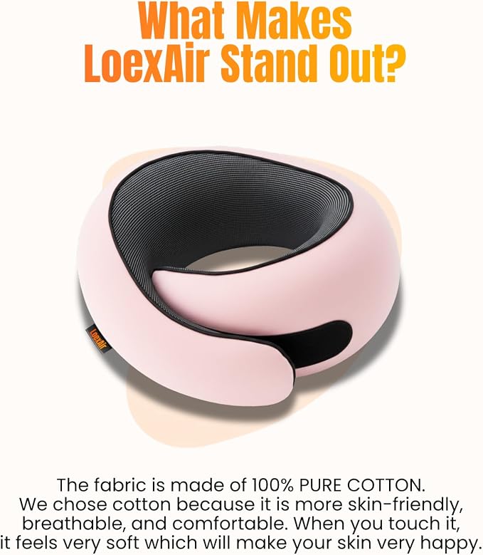 LOEXAIR™ Hooded Pro Travel Pillow - Memory Foam Neck Support Pillow for Airplane, Flight - Super-Soft Pure Cotton Fabric, Maximum Privacy & Light-Block Design, Lightweight Full Travel Kit- Sakura Pink - Image 8