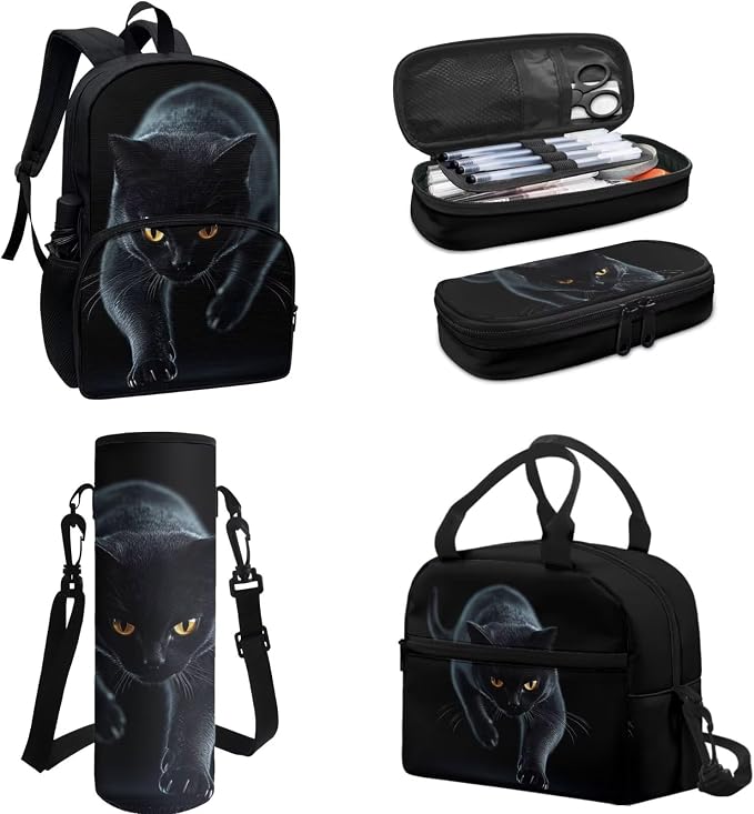 4Pcs Black Cat Print Travel Backpacks for Men Women Adults School Bag Large Capacity Bookbag Schoolbag Tote Lunch Bags Pencil Bag for Purse Fountain Pens Work Camping Diaper Bag Daypack - Image 2