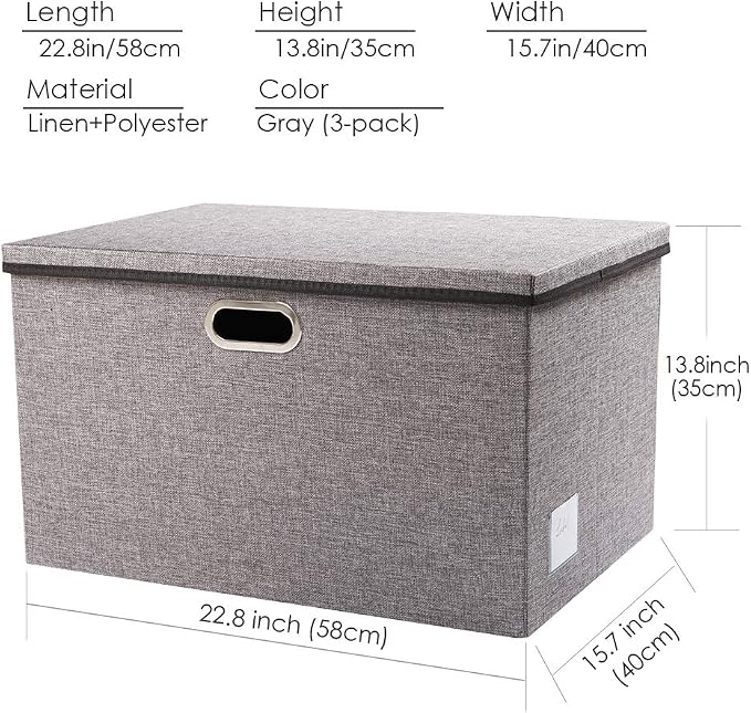 PRANDOM Extra Large Collapsible Storage Bins with Lids [3-Pack] Linen Fabric Foldable Storage Baskets Boxes Organizer Containers Cube with Cover for Bedroom Closet Office Nursery (22.8x15.75x13.8) - Image 6