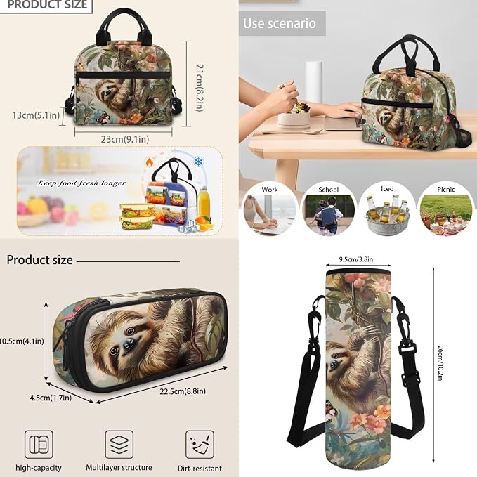 Cartoon Sloth Schoolbag Children Sloth Backpack Set of 4,With Durable Insulated Reusable Lunch Box Pencil Holder Case Water Bottle Carrier Bag Crossbody Bags for Teens Boys Girls - Image 6