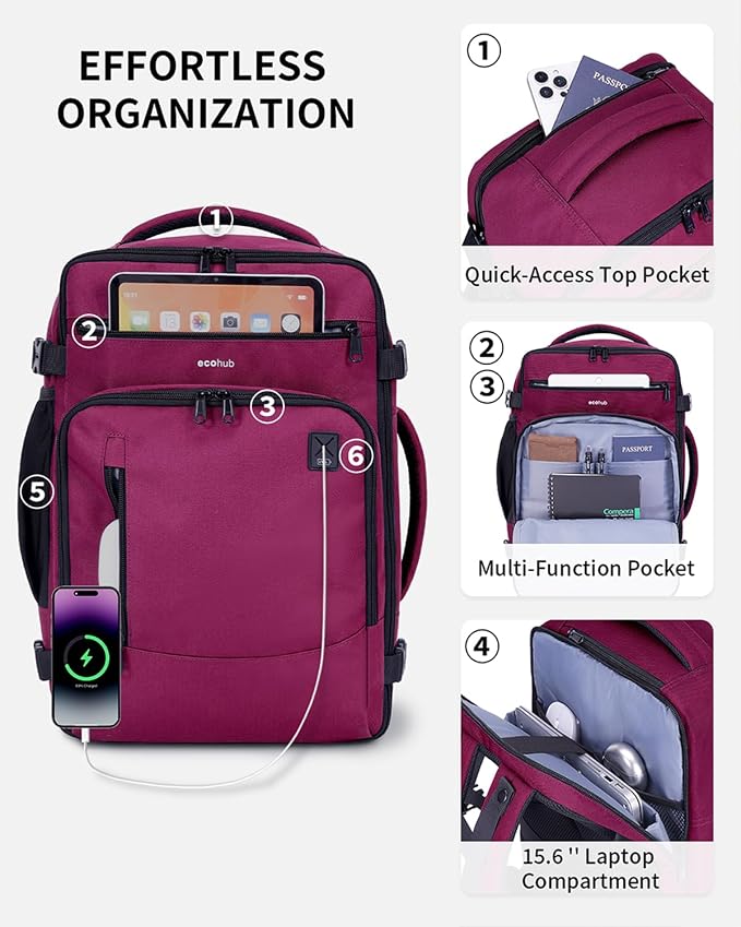 ECOHUB 17" Small Travel Backpack, United Airlines Personal Item Bag 17x10x9 with 16 Pockets, Water Resistant Rucksacks Fit 15.6" Laptop, AirTag Pocket, Lightweight Casual Daypack, 25L, Red - Image 4