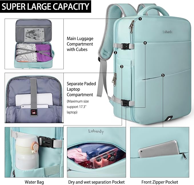 Lubardy Travel Backpack for Men Women 17 Inch Flight Approved Carry on Backpack Waterproof Large 40L Luggage Daypack Business College Weekender Overnight Laptop Backpack with 3 Packing Cubes, Green - Image 4