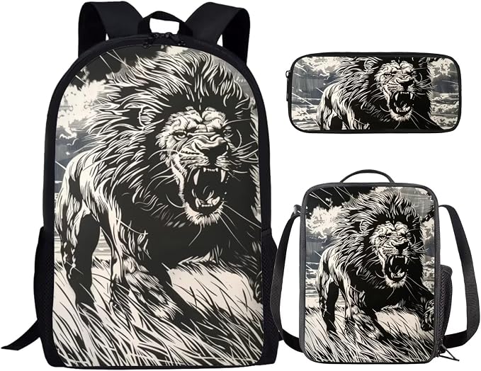 17 Inch Animal Print School Backpack And Lunch Box Set for Kids Lightweight Roaring Lion Backpack for Boys Girls Sturdy School Bag with Insulated Lunchbox Pencil Case Student Bookbag by Parprinty