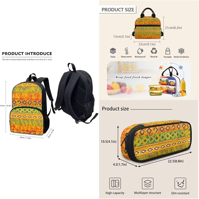 Orange Tribal Aztec Backpack with Lunch Box and Pencil Case Girls Comfy Padded Cute School Backpack Set of 3 Bookbag for Student Lightweight Large Capacity Daypack - Image 2