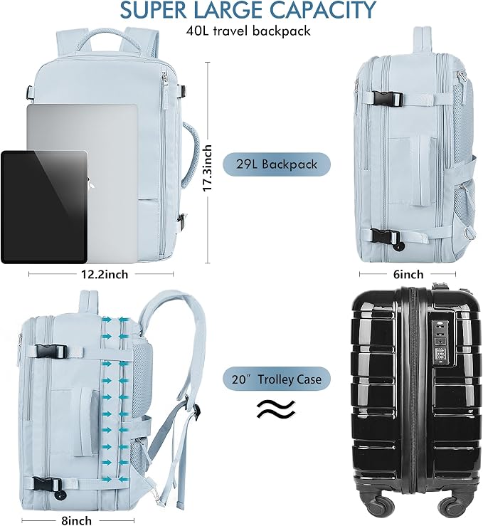 Beraliy 29L Travel Backpack Women, Airline Approved Backpack, Carry On luggage, 17.3 inch Laptop Backpack, Waterproof Business Hiking Weekend Bag, Light-blue - Image 8