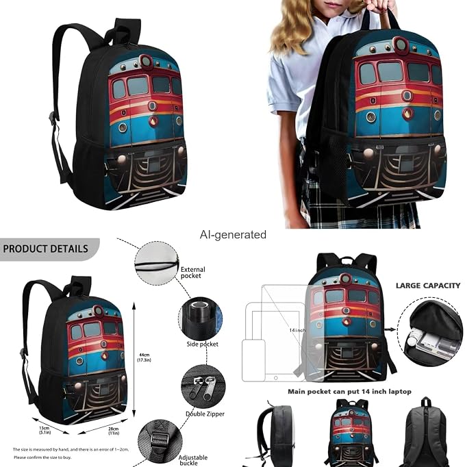 Train Backpack for Kids Boys Preschool to High School, Cartoon School Bag Set with Lunch Box, Pencil Case, Water Bottle Cover, One Size, Train-2, Waterproof - Image 3