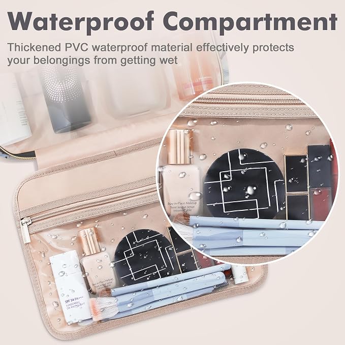 Wedama Toiletry Bag for Women, Large Cosmetic Travel Bag, Hanging Toiletry Bag for Bathroom, PVC Waterproof Makeup Bag, Toiletries Bag for Travel Business Trips and Camping, Black+Brown Floral - Image 3
