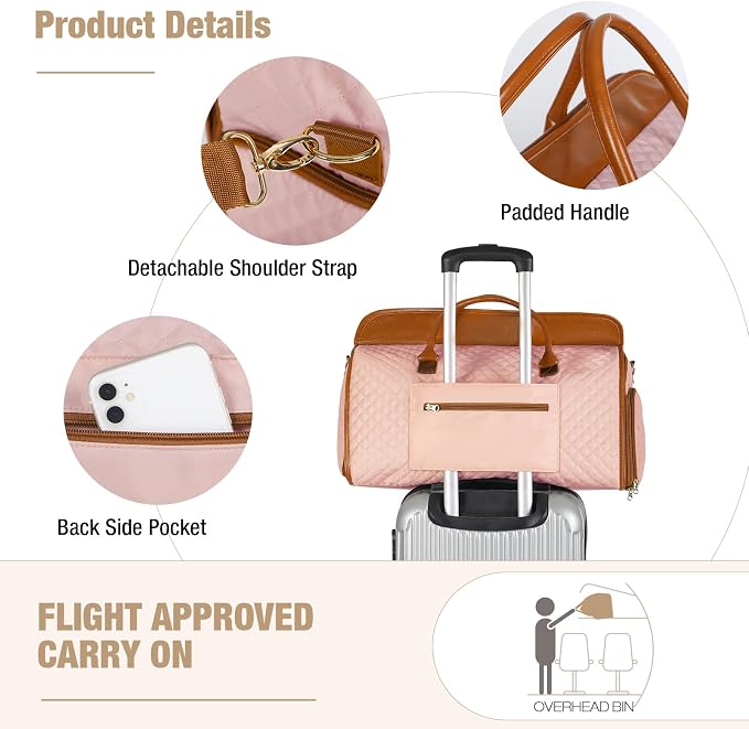 Convertible Garment Duffel Bags for Travel, Carry On Garment Bag with Shoe Compartment, 3 in 1 Foldable Suit Duffle Bag for Women, Jenni Bag for Hanging Clothes, Pink (1Pcs Set) - Image 5