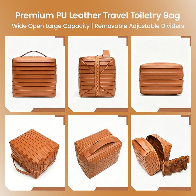 Fold Down Standing Makeup Bag – Large Travel Toiletry Organizer (Brown) | Parallel Design and Adjustable Dividers, Stands Upright or Folds Flat. Multiple Pockets Fit Full‑Size Cosmetics & Toiletries. - Image 6