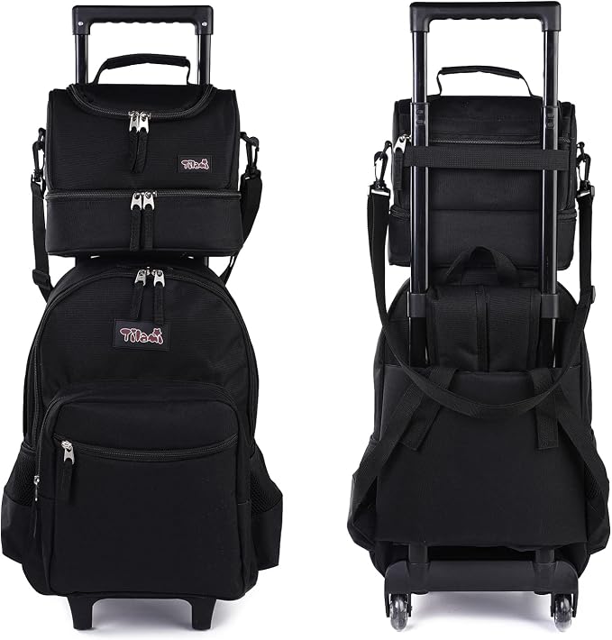 Tilami Rolling Backpack 18 inch Double Handle with Lunch Bag Wheeled Kids Backpack for Girls and Boys, Black - Image 2
