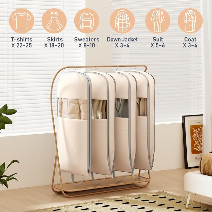 DIMJ 4 Pack 54" Garment Bags for Hanging Clothes - Space Saving Compression Suit Bag Travel with Handles Window, Washable Carry Clothing Storage Cover for Dress, Coats, Down Jacket, Shirts - Image 4