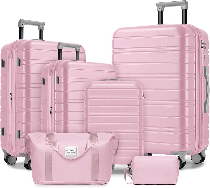 6 Piece Luggage Set Hard Shell - Pink Expandable Suitcases with Spinner Wheels and Duffel Bags for Family Travel, Durable Carry On Luggage Sets with Lock for Women and Girls by Unknown