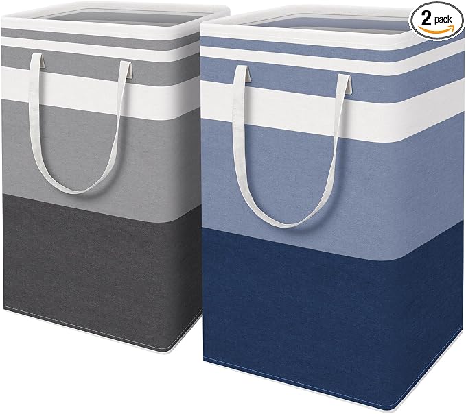 HomeHacks 2 Pack Large Laundry Baskets, Waterproof, Freestanding Laundry Hampers, Collapsible Clothes Hamper with Reinforced Handles in Laundry, College Dorm, Bathroom, Bedroom (Grey+Blue, 88Lx2) by HomeHacks