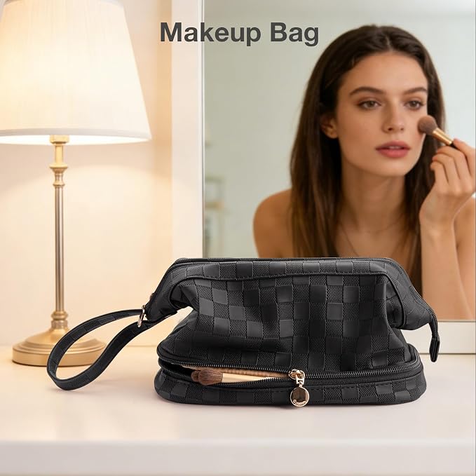 Abiudeng Large Capacity Makeup Bag Ladies Cosmetic Bag Travel Bag with Compartments Portable PU Leather Travel Makeup Bag with Handle - Image 6