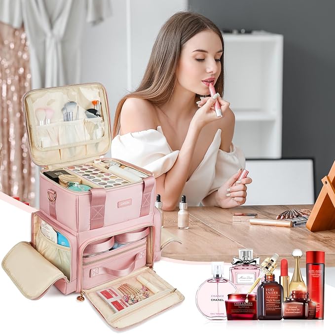 Extra Large Makeup Bag,4 in 1 Cosmetic Storage Organizer Travel Case with 3 Detachable Pouches and Dividers,Pink - Image 5