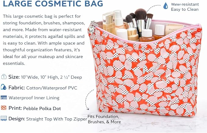 Jacaranda Living Large Cosmetic Bag – Water-Resistant Makeup Bag with PVC-Lined Interior, Easy to Clean Travel Toiletry Bag, Pebble Polka Dot - Image 6