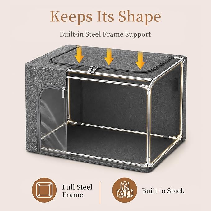 GoMaihe 3 Opening Clothes Storage Bins with Metal Frame, 40L Sweater Storage Organizer for Upper Shelf Closet Storage Boxes with Clear Window for Hoodies Jeans Towel 3-Pack Grey - Image 4