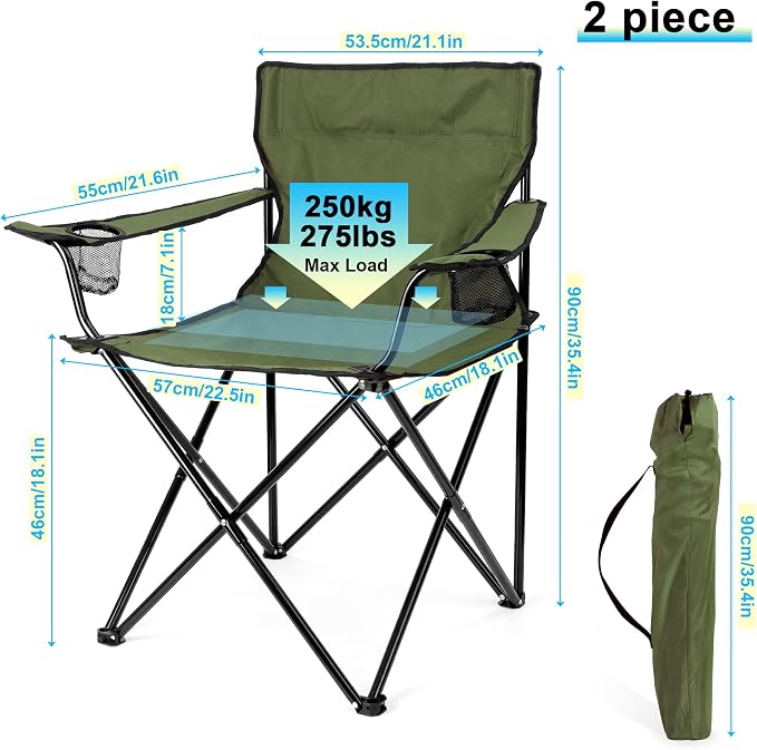 HaSteeL Camping Chair for Adults, Folding Beach Chair Set of 2, Large Foldable Portable Chair for Outdoors Fishing, Hiking, Sporting, Travel, Picnic, Lawn, Hold 275lbs & A Storage Bags (Green) - Image 2