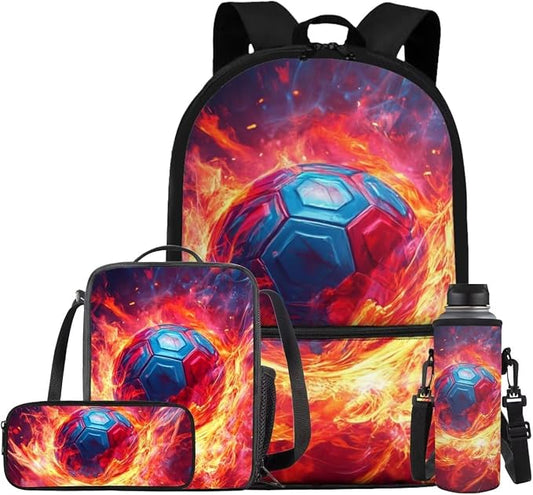 Fire Soccer Backpack for Boys Kids Backpack with Lunch Box Water Bottle Pouch and Big Pencil Case 4PCS Set Bookbag with Front Pocket 17" Sturdy Elementary School Bag Back to School Essentials by ELEDIZI